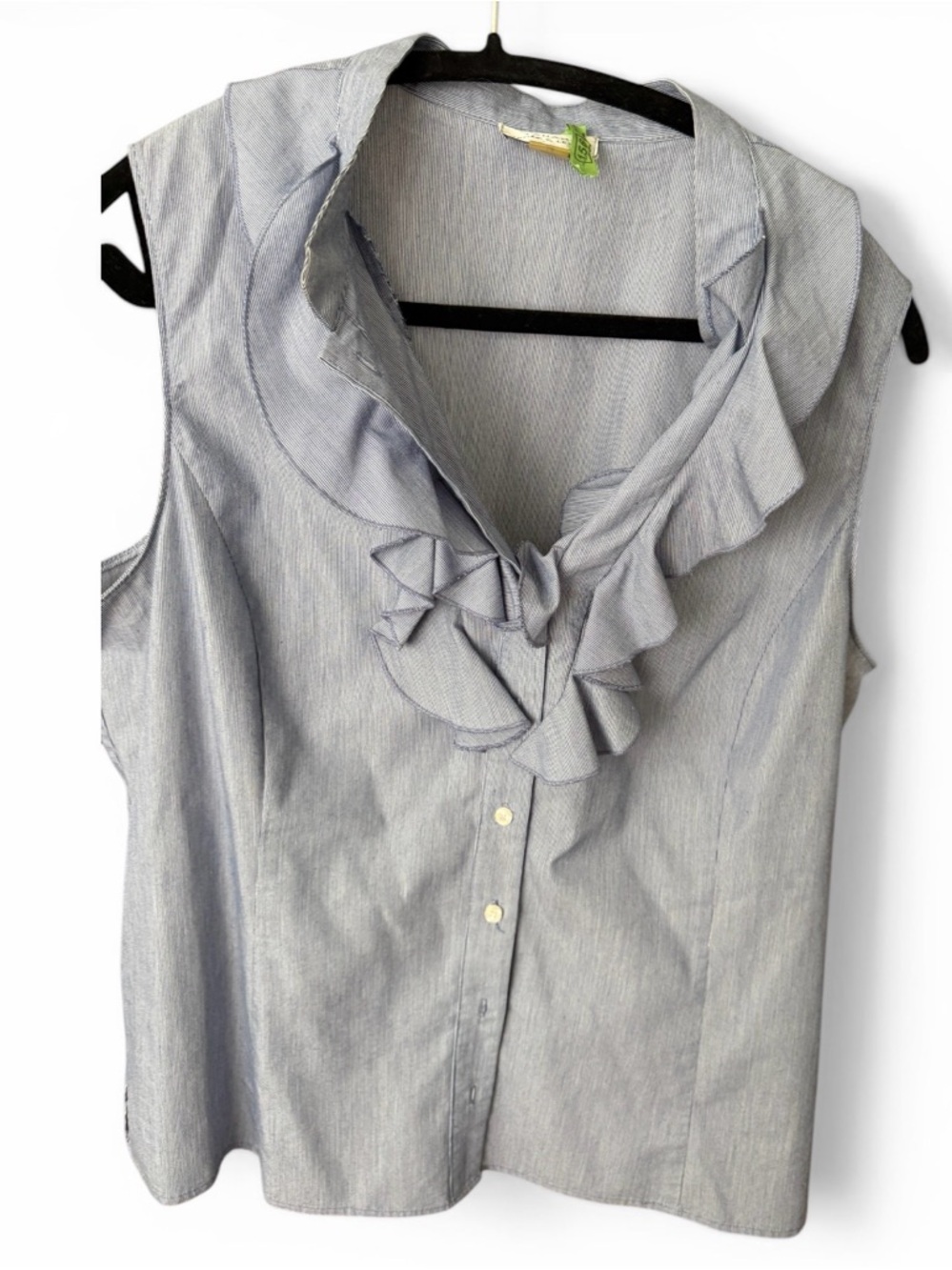Tahari Light Blue Stripe Ruffle Sleeveless Blouse